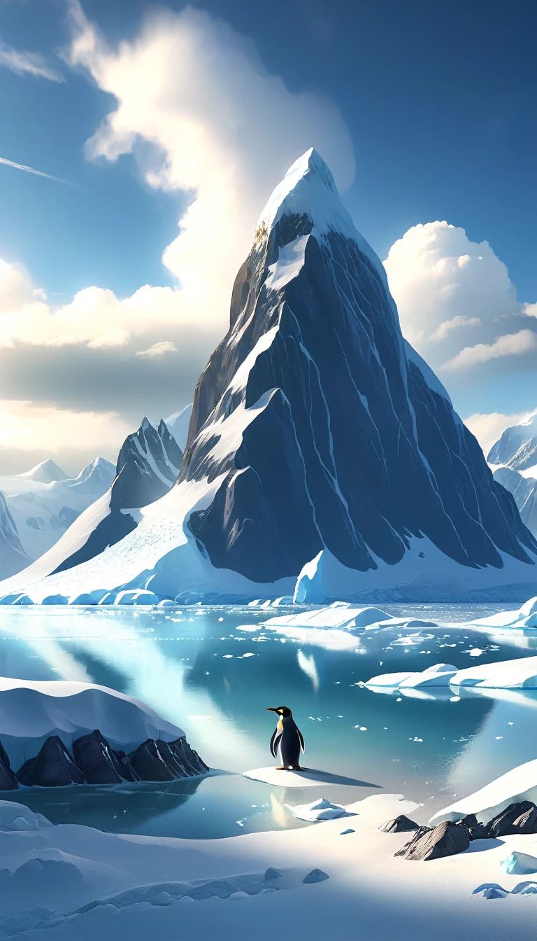 ((mysterious island in Antarctica hidden mysteries:1.5)), cinematic lighting, impressive landscape, serene atmosphere, detailed penguins, glowing sky, dramatic clouds, snow covered mountains, Crystal clear water, photorealistic, digital art, conceptual art, hyperdetailed