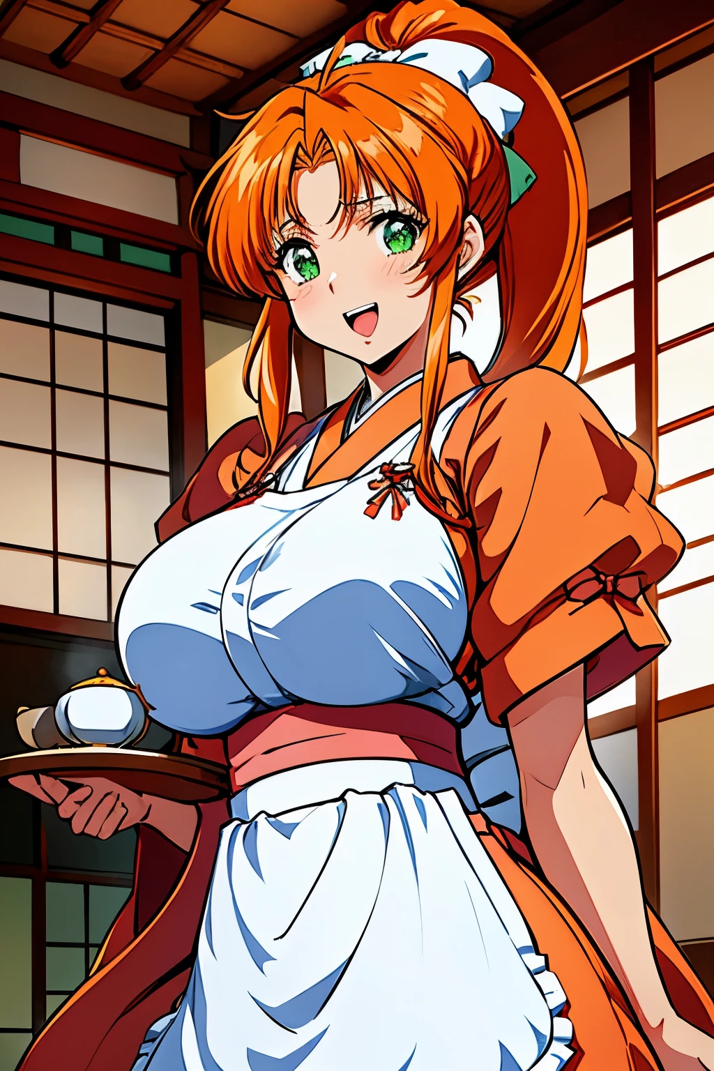 アニメ,アニメ cel style,アニメ style,High resolution, (fukawa_Miku, green eyes, orange hair, long hair, ponytail, ), gigantic breasts,(Japan、or period、crowd、kimono、(White apron)、Japanese tea house、Japanese-style room、Town Girl:1.5),smile,open mouth,cowboy shot,tray、Japanese tea