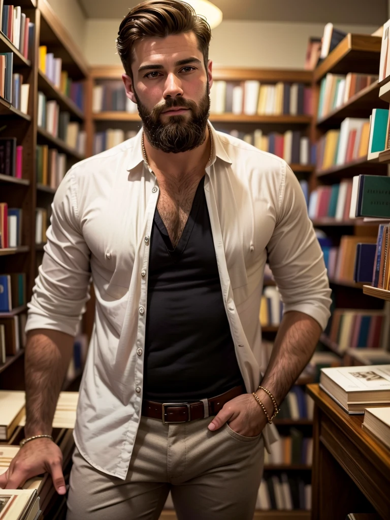 A handsome man inside a small bookshop, beard, modern ivory shirt, unbuttoned collar, bracelets, nude
