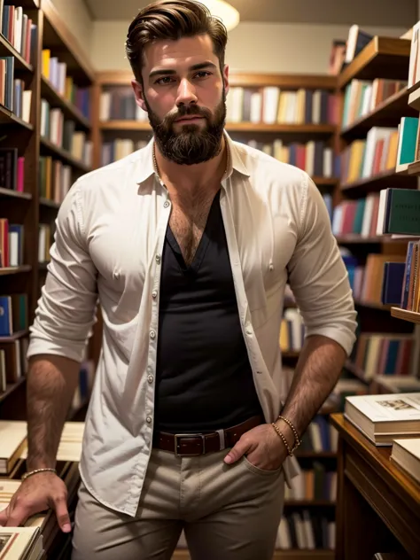 a handsome man inside a small bookshop, beard, modern ivory shirt, unbuttoned collar, bracelets, nude