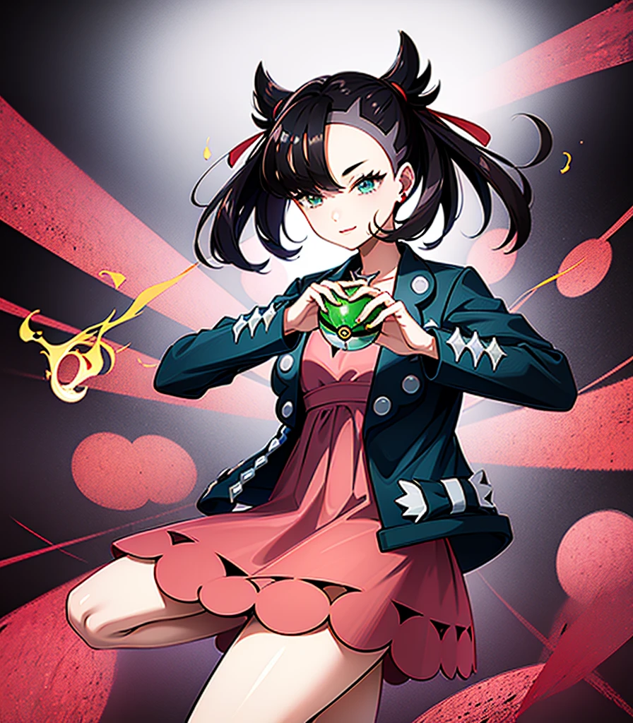 masterpiece, Highest quality, High resolution, Marnie, Aqua Eye, Black choker, Red ribbon, Pink Dress, jewelry, Black jacket, Open clothes, Long sleeve, Cowboy Shot, Are standing, forest, holding Pokéball, Pokéball \(Basic\), smile, Open your mouth,Background is wood々が生い茂るforestです.:1.2,Draw a person in the center of the screen,Depict the top of your head,{{{Perfect hand shape:1.2}}},marnie