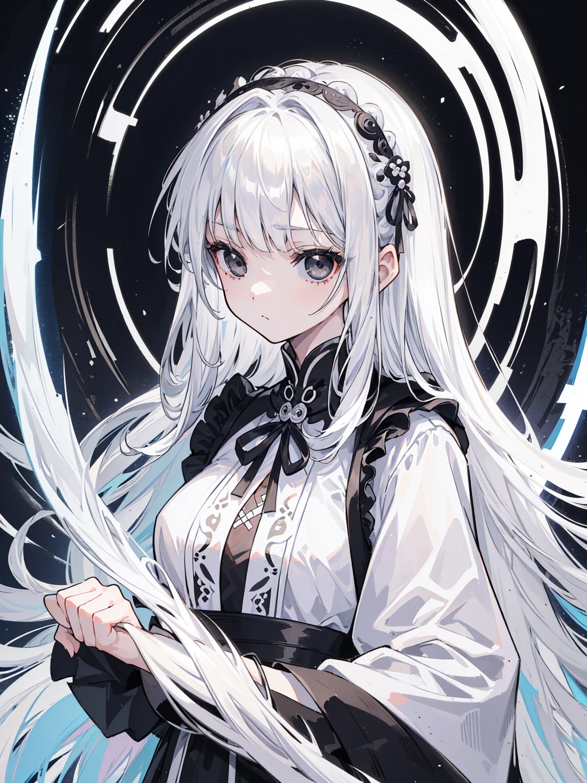 (Top image quality)、(Very detailed)、(Facing forward)、Top quality、masterpiece、(((1 girl )))、Silver Hair、White hair、((Long hair))、Weaving、(black eyes:1.6)、(White and black cheongsam)、Hooded dress、Lots of decorations、Lots of ribbons、White Ribbon、She looked grim.、Fluffy loose hair、Hanfu