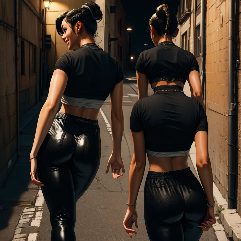 Chitose,black hair,brown eyes,short hair,ponytail,braids,short sleeves,
crop top, showing rear,black pants,necklace,street,night,alley, smile, 
(insanely detailed,masterpiece, best quality)solo,