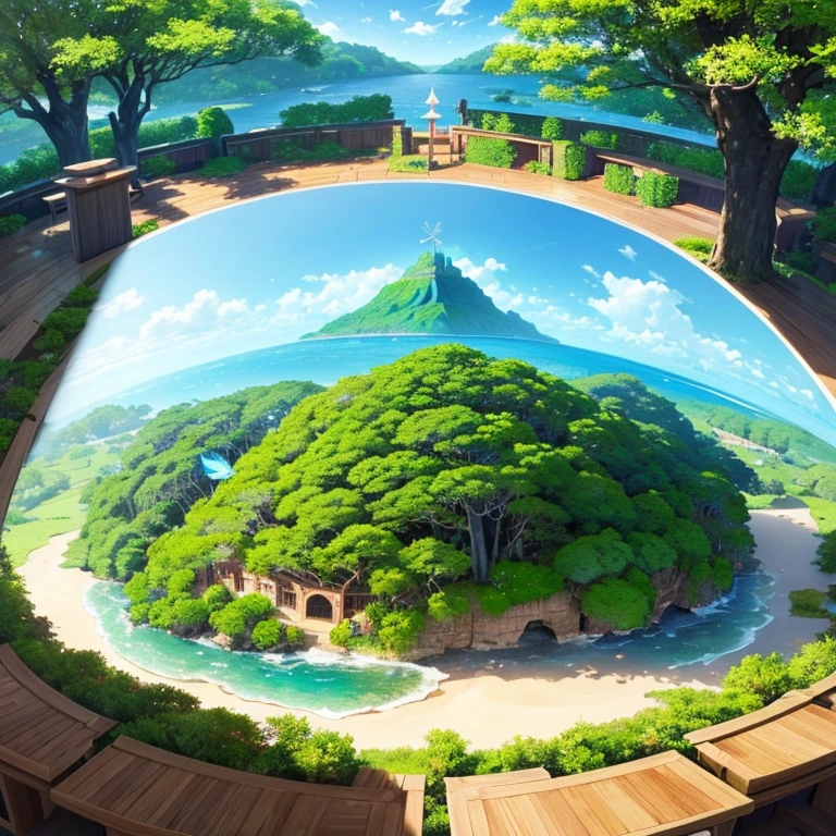 A large book is open on the floor of a child's room, an island is growing from the pages of the book, the pages gradually become an island, (mysterious island (a round island with various trees, winged fish, crystal flowers, etc.)