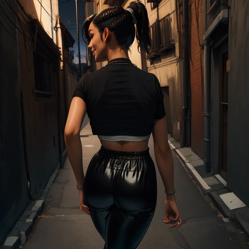 Chitose,black hair,brown eyes,short hair,ponytail,braids,short sleeves,
crop top, showing rear,black pants,necklace,street,night,alley, smile, 
(insanely detailed,masterpiece, best quality)solo,1girl