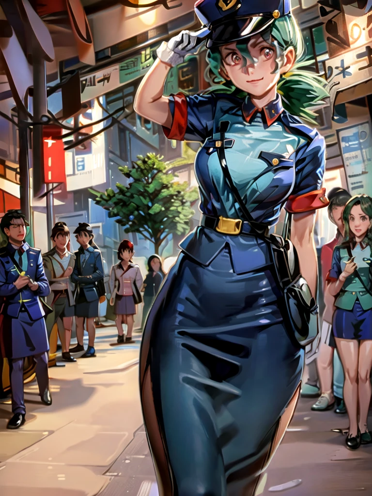 masterpiece, best quality, ultra-detailed, officer jenny, pokemon, 1girl, solo, long hair, smile, red eyes, green hair, white gloves, police hat, miniskirt, bag, star (symbol), uniform, blue skirt, blue shirt, pencil skirt, brown pantyhose, police uniform, realistic, city background volumetric lighting, intricate details, tonemapping, sharp focus, hyper detailed