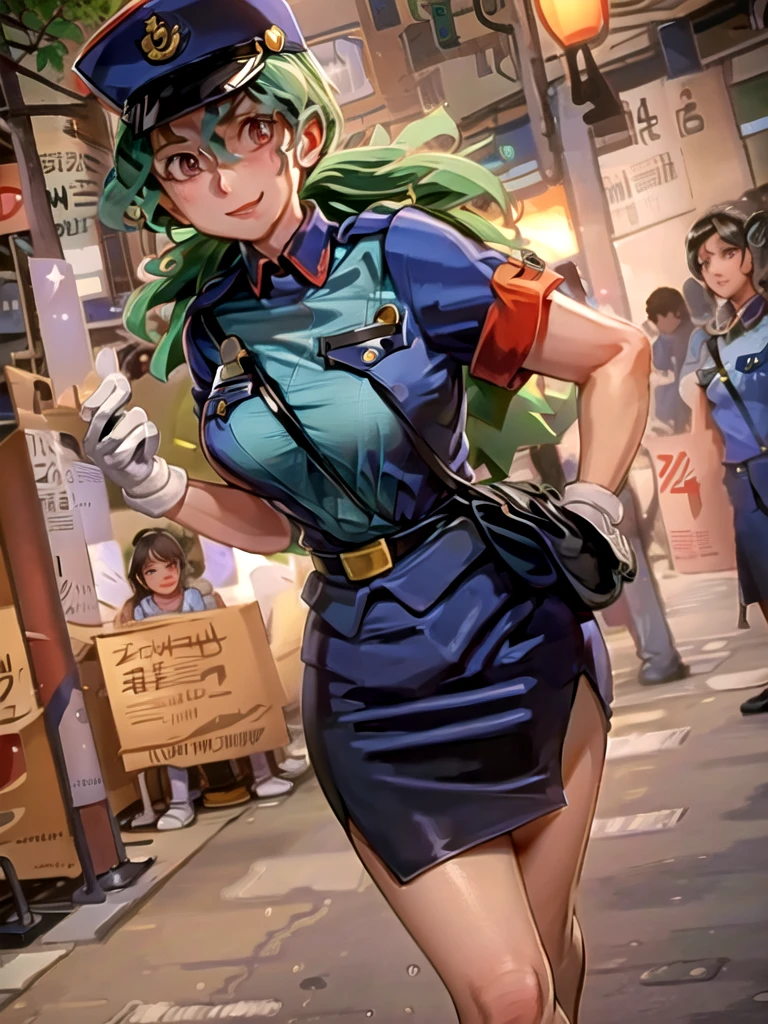 masterpiece, best quality, ultra-detailed, officer jenny, pokemon, 1girl, solo, long hair, smile, red eyes, green hair, white gloves, police hat, miniskirt, bag, star (symbol), uniform, blue skirt, blue shirt, pencil skirt, brown pantyhose, police uniform, realistic, city background volumetric lighting, intricate details, tonemapping, sharp focus, hyper detailed