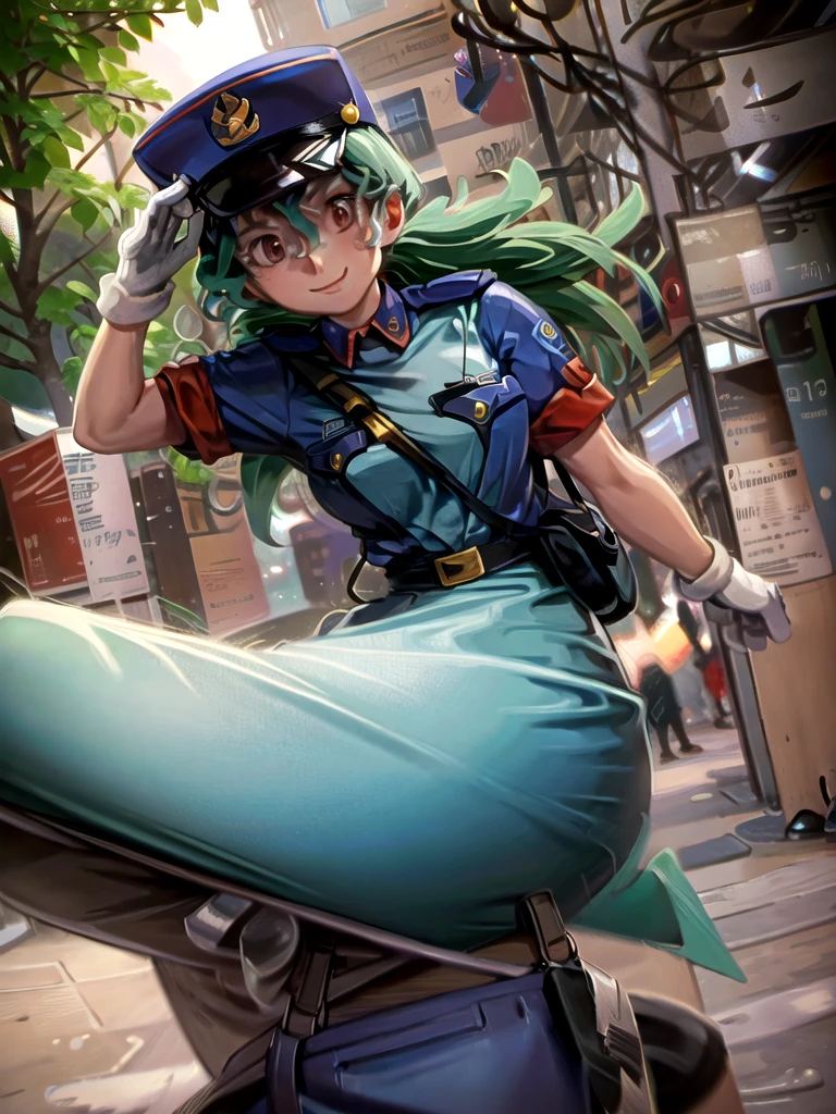 masterpiece, best quality, ultra-detailed, officer jenny, pokemon, 1girl, solo, long hair, smile, red eyes, green hair, white gloves, police hat, miniskirt, bag, star (symbol), uniform, blue skirt, blue shirt, pencil skirt, brown pantyhose, police uniform, realistic, city background volumetric lighting, intricate details, tonemapping, sharp focus, hyper detailed