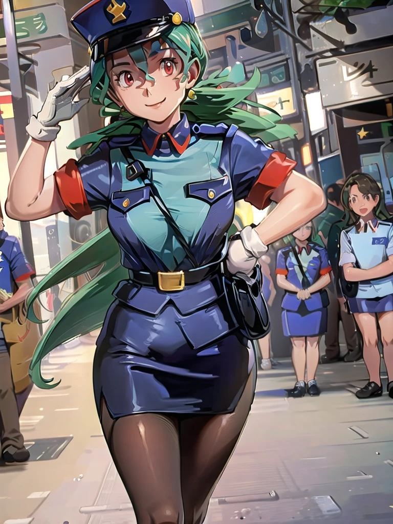 masterpiece, best quality, ultra-detailed, officer jenny, pokemon, 1girl, solo, long hair, smile, red eyes, green hair, white gloves, police hat, miniskirt, bag, star (symbol), uniform, blue skirt, blue shirt, pencil skirt, brown pantyhose, police uniform, realistic, city background volumetric lighting, intricate details, tonemapping, sharp focus, hyper detailed