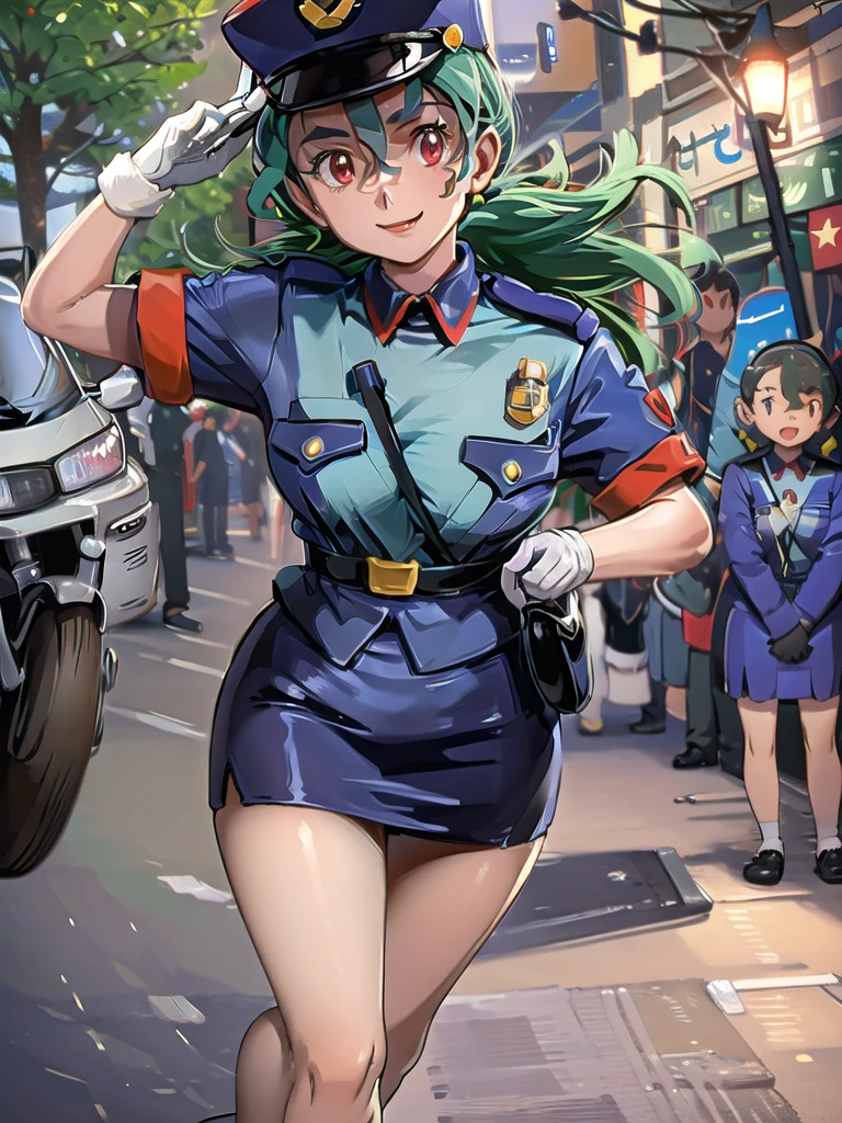 masterpiece, best quality, ultra-detailed, officer jenny, pokemon, 1girl, solo, long hair, smile, red eyes, green hair, white gloves, police hat, miniskirt, bag, star (symbol), uniform, blue skirt, blue shirt, pencil skirt, brown pantyhose, police uniform, realistic, city background volumetric lighting, intricate details, tonemapping, sharp focus, hyper detailed