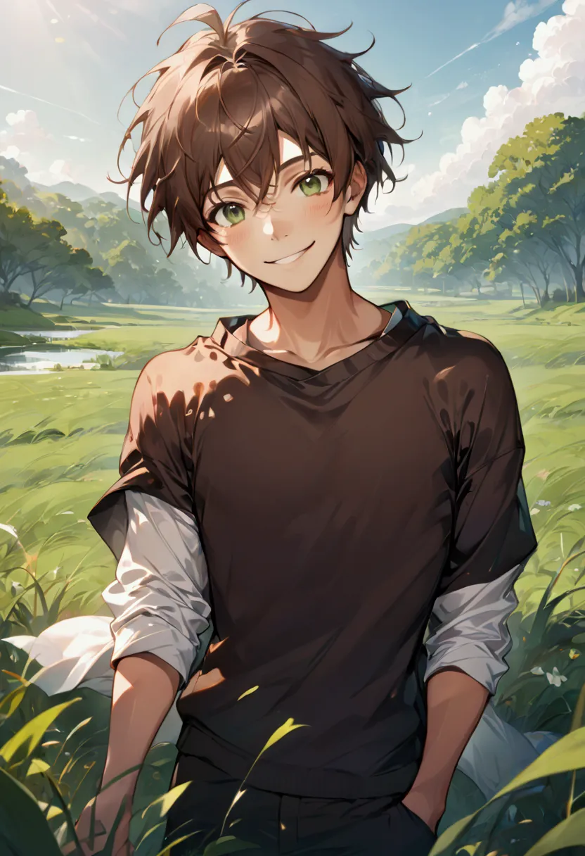 4K estilo manhwa, 18 years, man, Grass, nature, messy hair, short shoulder length brown hair, green eyes. beautiful. black skin....