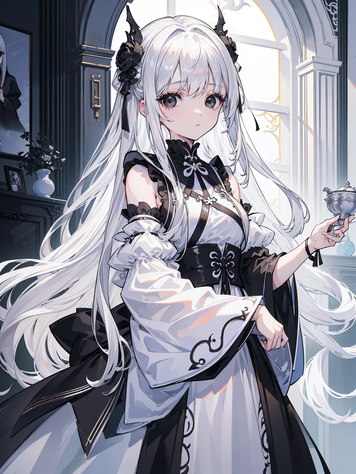 (Top image quality)、(Very detailed)、(Facing forward)、Top quality、masterpiece、(((1 girl )))、Silver Hair、White hair、((Long hair))、Weaving、(black eyes:1.6)、(White and black cheongsam)、Hooded dress、Lots of decorations、Lots of ribbons、White Ribbon、She looked grim.、Fluffy loose hair、Hanfu