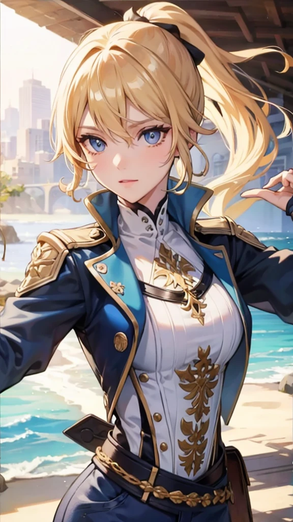 jean, blonde hair, blue eyes, hair between eyes, medium hair, ponytail,