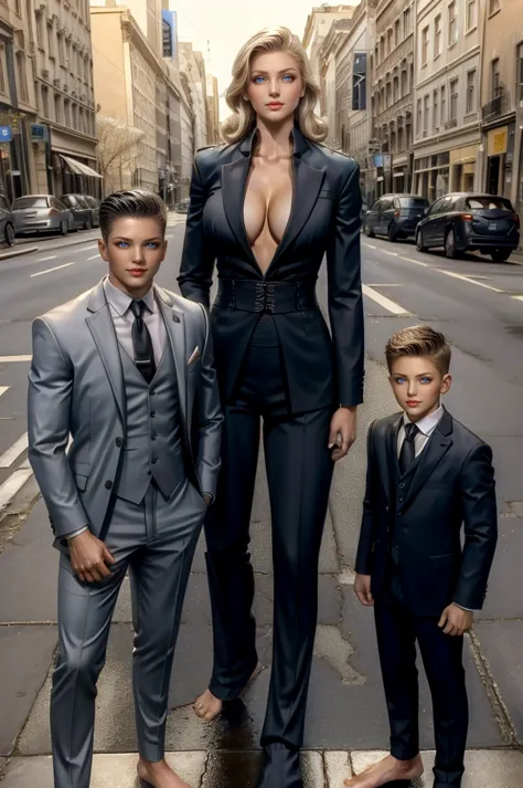 tall wife in the middle, short husband in the left, short son in the right, beautiful faces, wife is wearing suit and pants, wif...