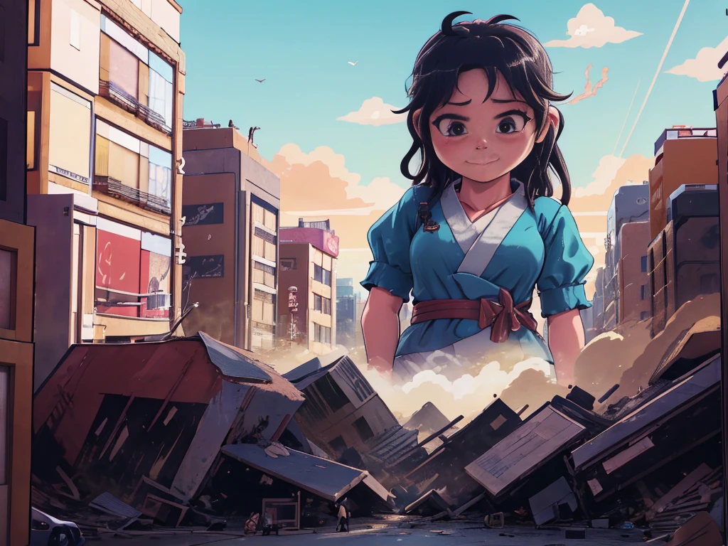 Tokyoのビル街、giantess tramping tiny people,giantess illustrate,smile、迫力のあるLow - Angle、小さなUrban areaにうつ伏せになる、Adult women、anime、エロanime、変態anime、nude、Sunset、blush、Black Hair、steam、Urban area、Tokyo、Woman looking down on a dwarf、Low - Angle、View from the main street、Woman destroying a small metropolis、rubble、Collapsed small buildings、A small abandoned village、Small residents fleeing、A woman who enjoys destruction