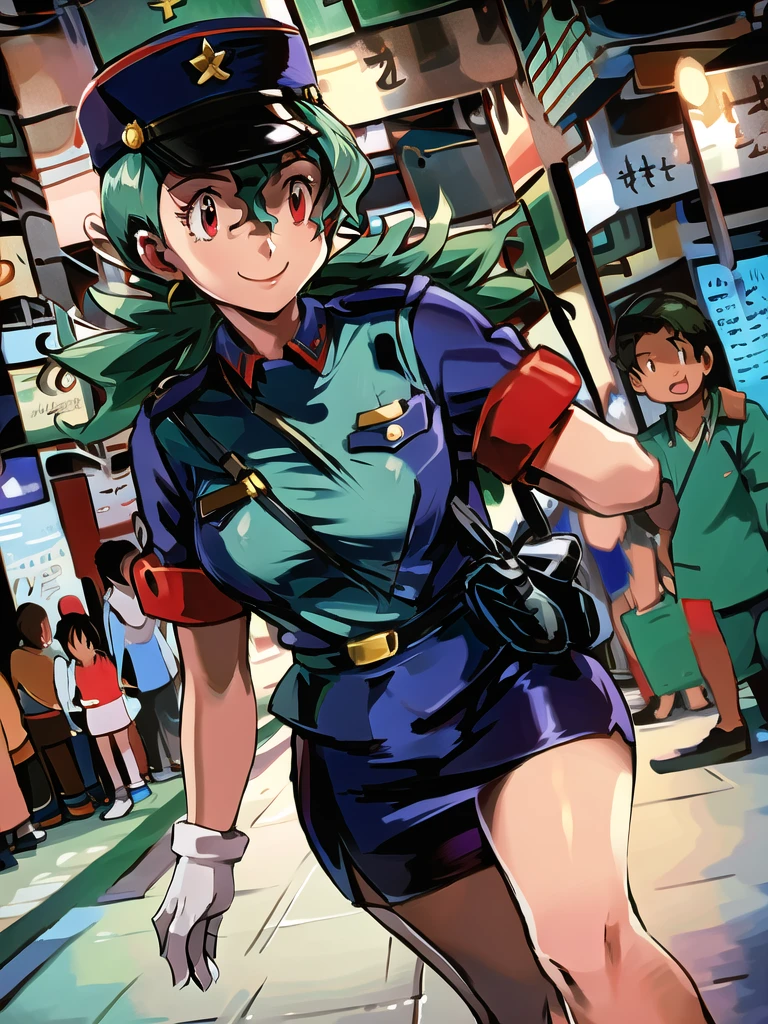 masterpiece, best quality, ultra-detailed, officer jenny, pokemon, 1girl, solo, long hair, smile, red eyes, green hair, white gloves, police hat, miniskirt, bag, star (symbol), uniform, blue skirt, blue shirt, pencil skirt, brown pantyhose, police uniform, realistic, city background volumetric lighting, intricate details, tonemapping, sharp focus, hyper detailed