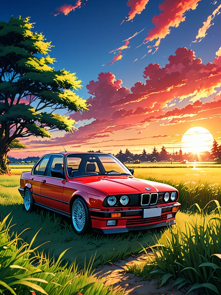 anime landscape of A pearl super sunny red classic 1993 BMW E30 318i sport sits in a field of tall grass with a sunset in the background.beautiful anime scene, beautiful anime peace scene, Makoto Shinkai Cyril Rolando, beautiful anime scene, amazing wallpaper, anime art wallpaper 8k, anime background, artistic anime background, anime wallpaper 4k, anime art 4k wallpaper, anime wallpaper art 4k,