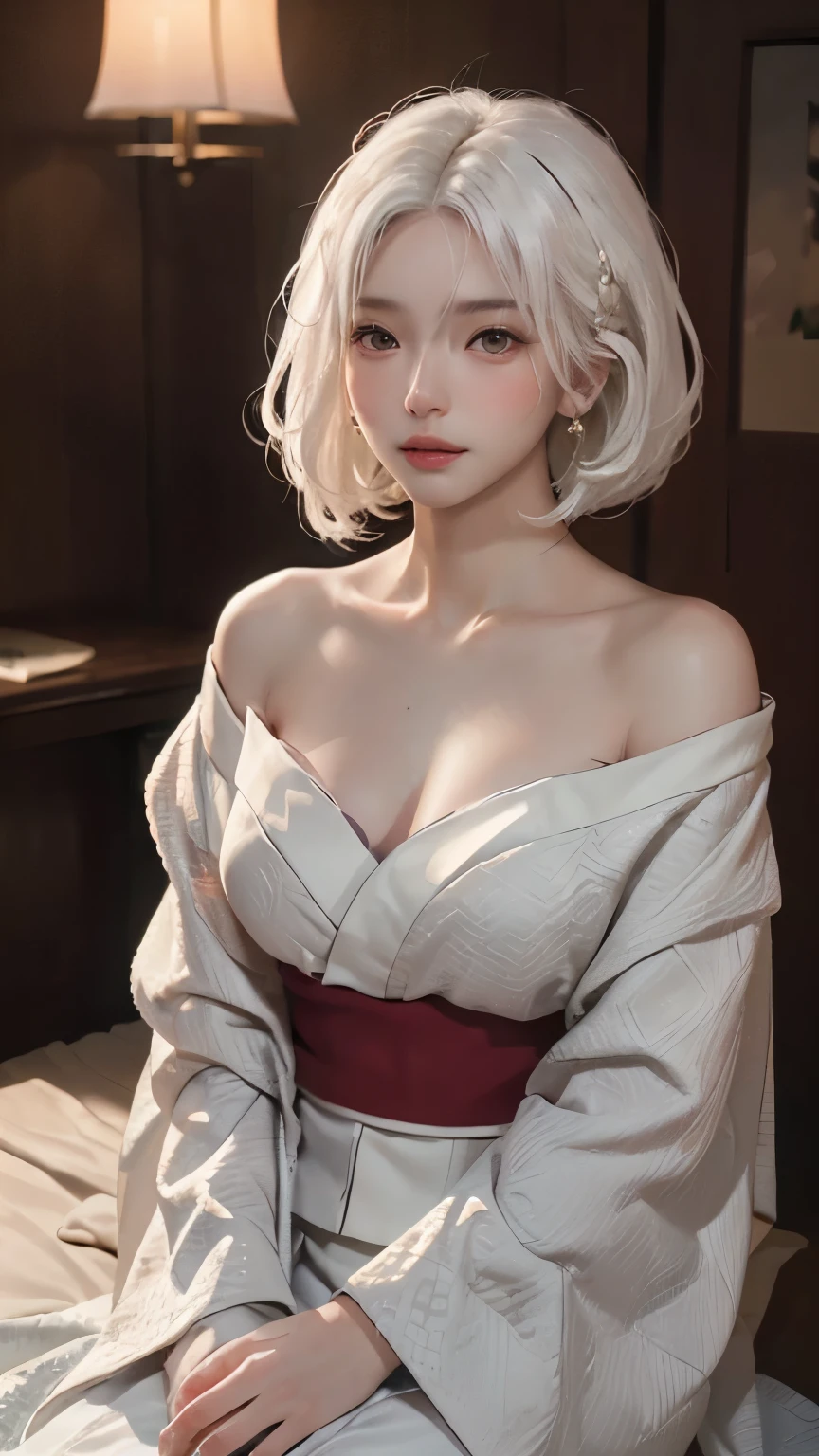 ((Hairstyled white hair:1.5))(Japan kimono with cherry blossom pattern:1.3), Symmetric, (highest quality, Photorealistic:1.4, Raw photo:1.2, Cinematic light, Highly detailed illustration), (1woman:1.3, alone), (Asian Girl, Very delicate face, Super beautiful face, Very delicate eyes, Ultra detailed nose, Very sophisticated mouth, Highly detailed facial features), woman, (Medium Bust:1.3), skin, Lip gloss, Laughter, Full Body View, High resolution, High resolution, 32k, Masterpiece 2:1, Skin Radiance, Glowing Skin, Young girl, Falling cherry blossoms、off shoulder, shoulder blades、kimono,Beautiful nipples,A beautiful girl,