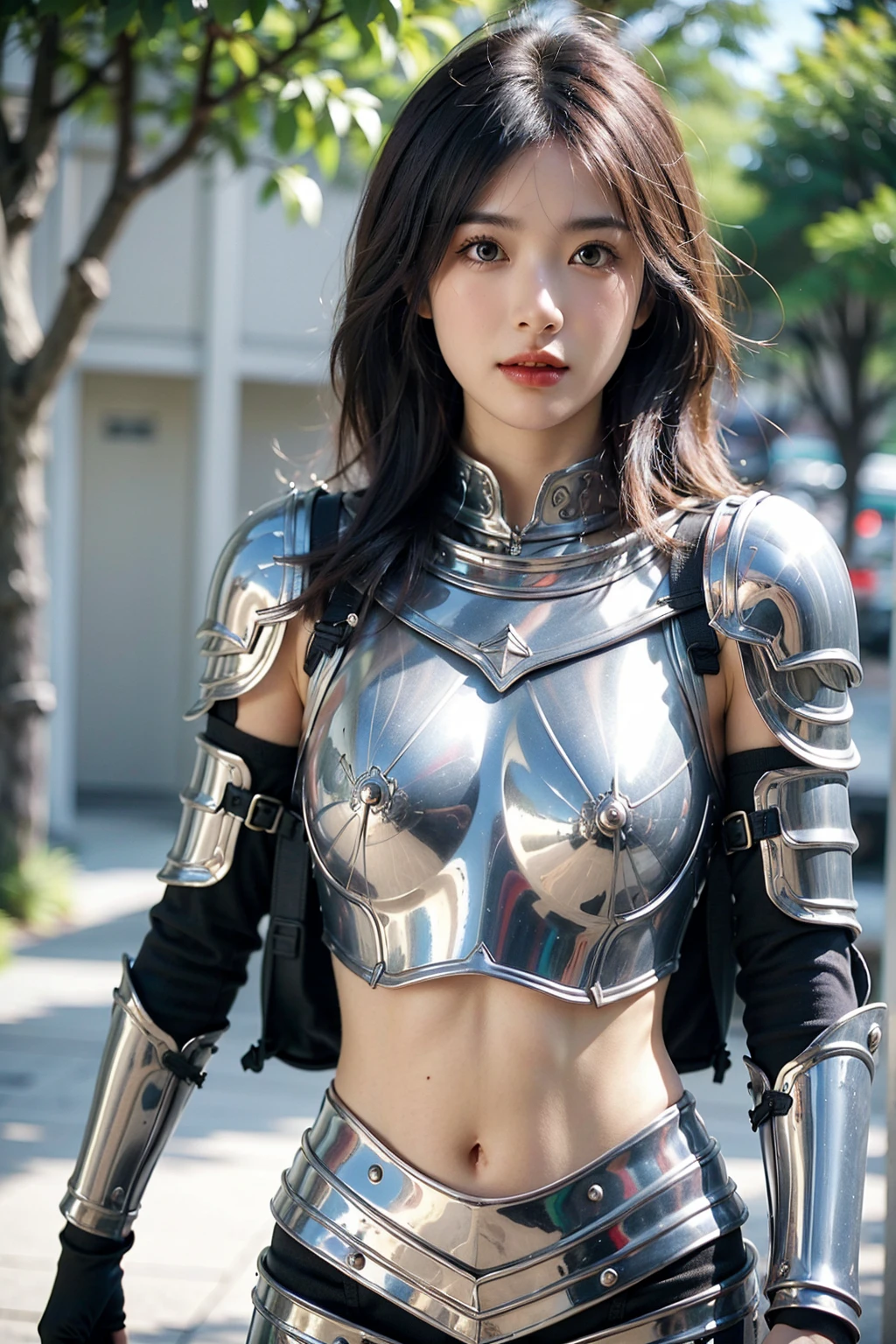 Eine Frau in Rüstung posiert, Bikini-Rüstung 女骑士, rüstung mädchen, , Bikini-Rüstung, Metallrüstung，schwere Rüstung，Metallic Bikini，Brustpanzer aus Metall，Metallhose，Metallic armor，Wunderschöner weiblicher Paladin,erstaunliche Rüstung， Schwere Schulterpanzerung，Schwere Beinknägel，schwere Rüstung，perfektes Gesicht，atemberaubend schön，Fantasy-Krieger, leichte schwarze Rüstung, Fantasie Paladin Frau,Nackter Bauch，Sexy Bauch，gerecht,dynamische Posen, Zartes Gesicht, Lebendige Augen, Hochdetaillierte Haut, realistische Hautdetails, sichtbare Poren, scharfer Fokus, volumetrischer Nebel, 8K Ultra High Definition, SLR camera, gute Qualität, Fotorealismus, Fotorealismus, Fotografie, ((8k, roh, Meisterwerk: 1.4)), (Professional Fotografie, scharf:1.2), ((Portraitshooting)), Perfekte dynamische Komposition, (Natürliches Sonnenlicht), (weicher Schatten), (perfekter Körper:1.4), Ultradetailliertes Gesicht und Haut, perfekte asiatische, weiße Haut, (Zarte Haut:1.3), (Perfekt strahlende Haut:0.6), wunderschöne Augen, Runde Augen, hübsches Gesicht, erröten, schimmernde Lippen, Hoher Nasenrücken, glänzende Augen, 比例perfektes Gesicht, echte feuchte Haut, exquisiter Ausdruck, in die Kamera schauen，lächeln 