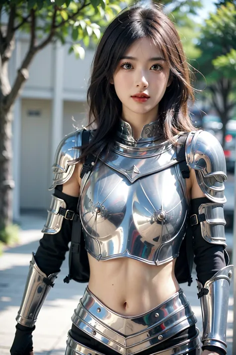 A woman in armor posing, Bikini Armor 女骑士, Armor Girl, , Bikini Armor, Metal Armor，Heavy armor，Metallic Bikini，metal breastplate...