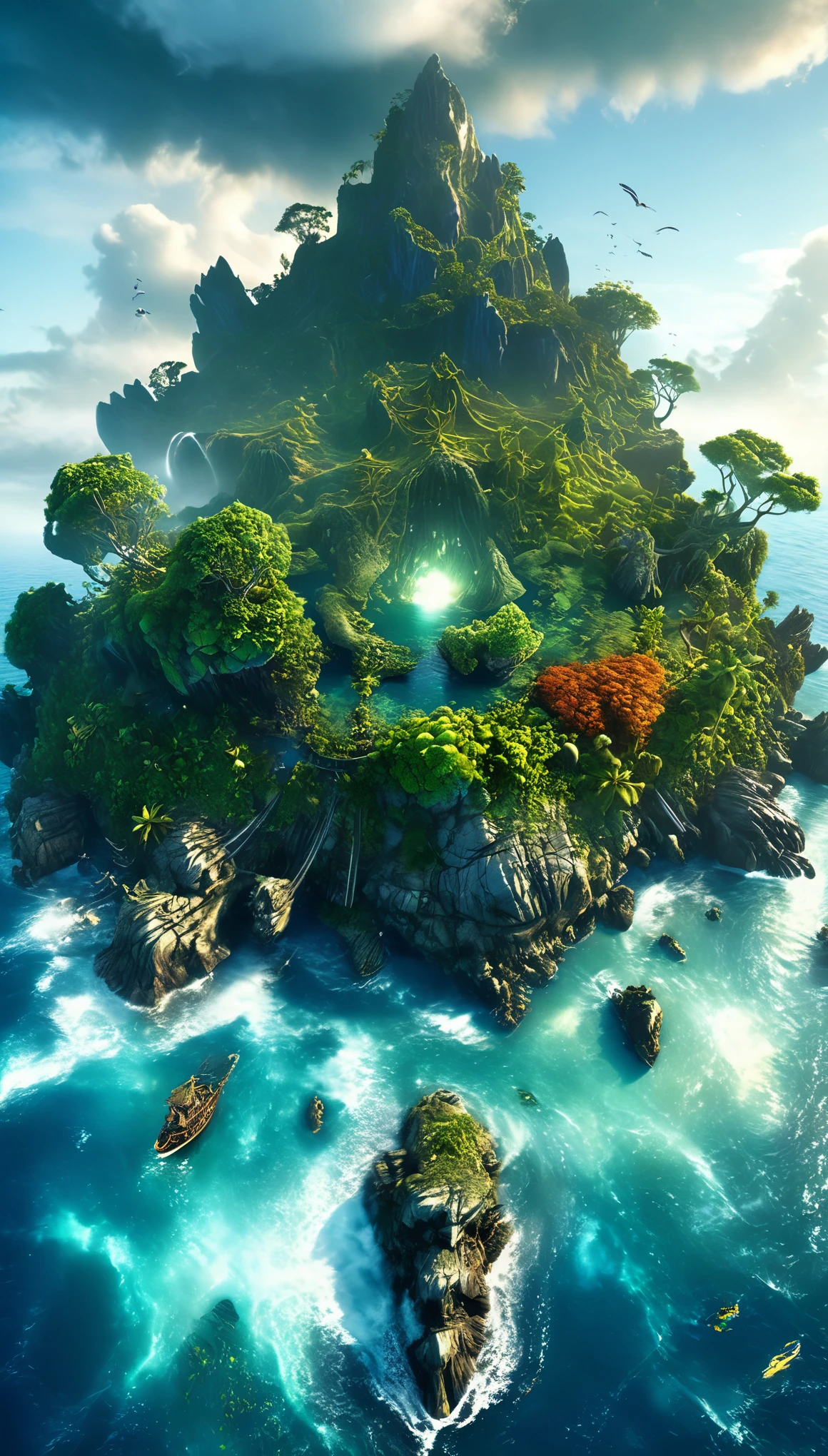 ((a mysterious island:1.5 in the middle of the ocean surrounded by water:1.5)), mysterious lights, strange creatures, digital art, cinematic lighting, dramatic clouds, dramatic lighting, vibrant colors, vibrant colors, photorealistic, hyperrealistic, volumetric lighting, highly detailed, bright plants, richly detailed, surreal, ultra detailed, lush vegetation