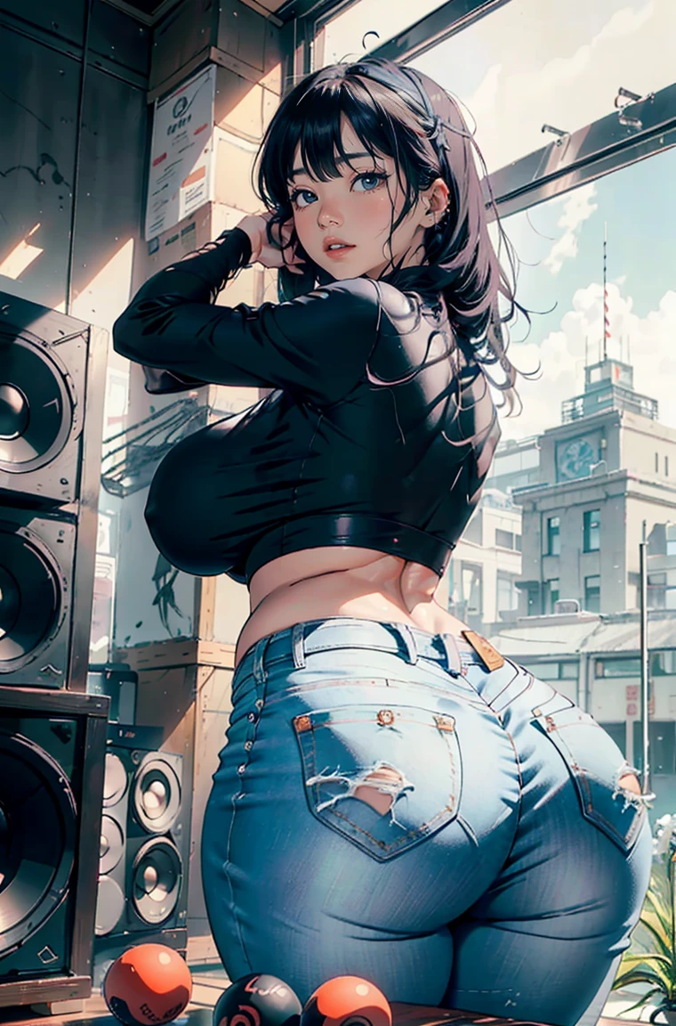 (Hinata Hyuuga, very sensual, with tight clothing, big ass, thick legs, Wearing extremely tight jeans, using a mini blouse, navel with piercing, big hair, Rear speaker, very realistic, extremely sexy, 8k, 8k extremamente detalhado), (an extremely delicate and beautiful), (first work), (Best Quality: 1.0), (ultra high:1.0)