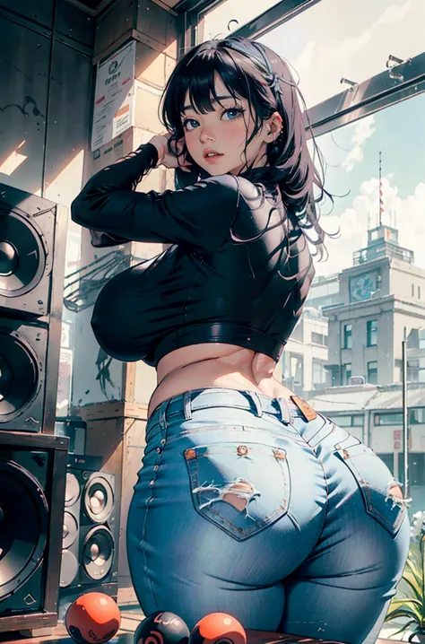 (hinata hyuuga, very sensual, with tight clothing, big ass, thick legs, wearing extremely tight jeans, using a mini blouse, nave...