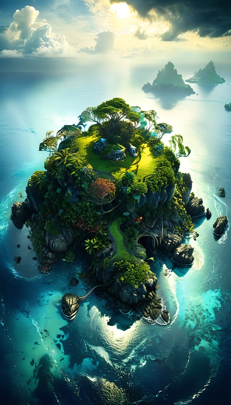 ((a mysterious island:1.5 in the middle of the ocean surrounded by water:1.5)), mysterious lights, strange creatures, digital art, cinematic lighting, dramatic clouds, dramatic lighting, vibrant colors, vibrant colors, photorealistic, hyperrealistic, volumetric lighting, highly detailed, bright plants, richly detailed, surreal, ultra detailed, lush vegetation