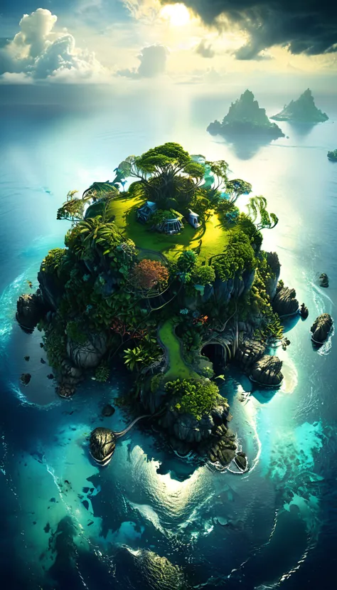 ((a mysterious island:1.5 in the middle of the ocean surrounded by water:1.5)), mysterious lights, strange creatures, digital ar...