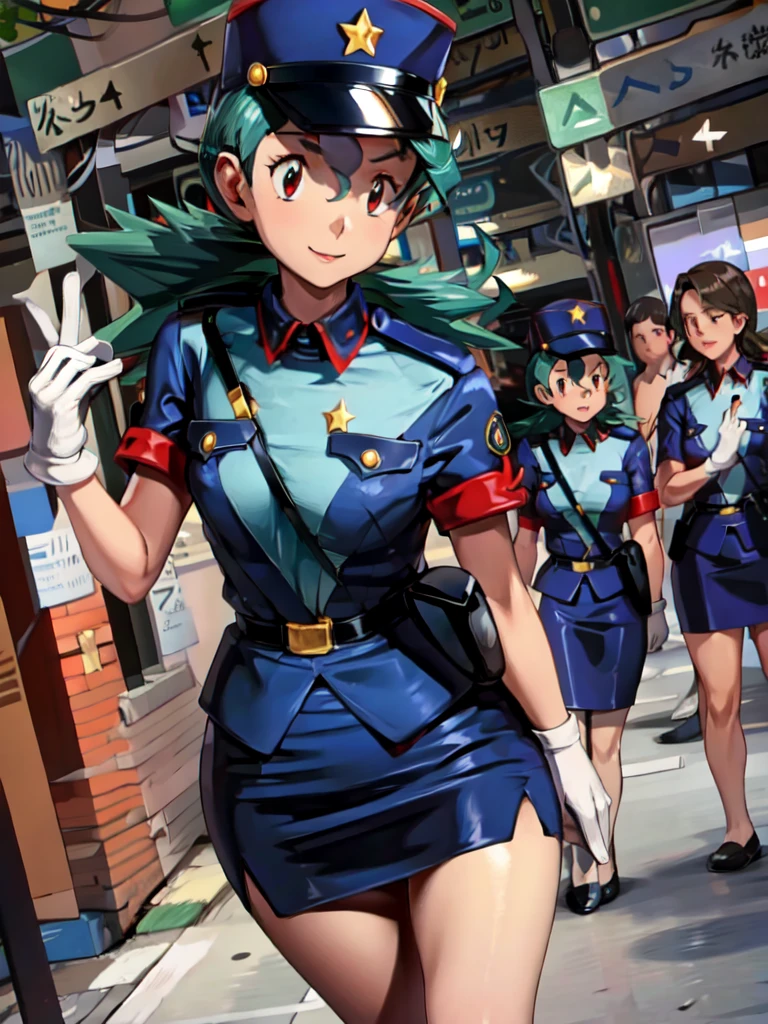 masterpiece, best quality, ultra-detailed, officer jenny, pokemon, 1girl, solo, long hair, smile, red eyes, green hair, white gloves, police hat, miniskirt, bag, star (symbol), uniform, blue skirt, blue shirt, pencil skirt, brown pantyhose, police uniform, realistic, city background volumetric lighting, intricate details, tonemapping, sharp focus, hyper detailed