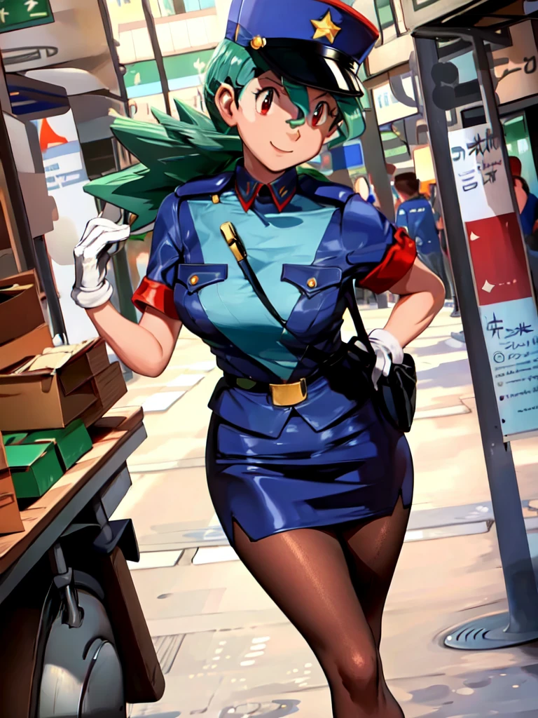 masterpiece, best quality, ultra-detailed, officer jenny, pokemon, 1girl, solo, long hair, smile, red eyes, green hair, white gloves, police hat, miniskirt, bag, star (symbol), uniform, blue skirt, blue shirt, pencil skirt, brown pantyhose, police uniform, realistic, city background volumetric lighting, intricate details, tonemapping, sharp focus, hyper detailed