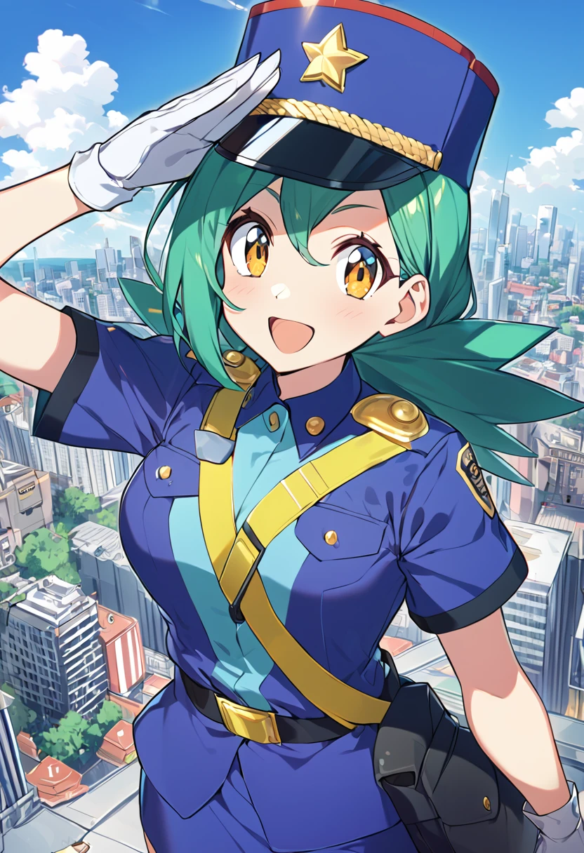 score_9, score_8_up, score_7_up, score_6_up, source_anime, BREAK 1girl pkmnJenny, green hair, blue hat, police uniform, blue shirt, short sleeves, belt, pencil skirt, white gloves, looking at viewer, happy, city, salute, blue sky, upper body