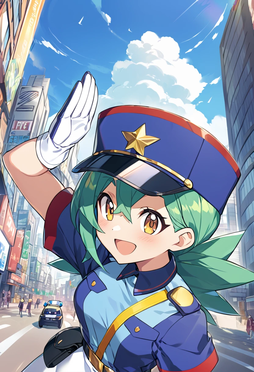 score_9, score_8_up, score_7_up, score_6_up, source_anime, BREAK 1girl pkmnJenny, green hair, blue hat, police uniform, blue shirt, short sleeves, belt, pencil skirt, white gloves, looking at viewer, happy, city, salute, blue sky, upper body