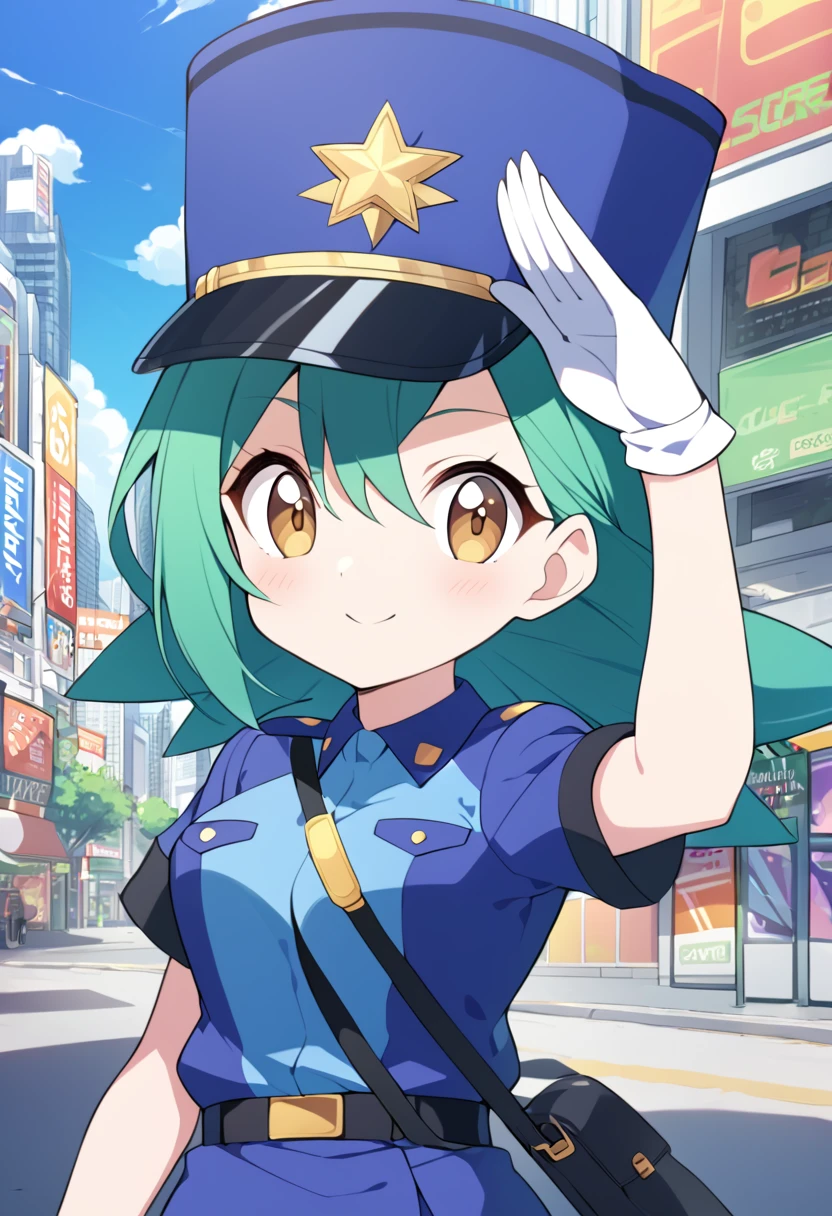 score_9, score_8_up, score_7_up, score_6_up, source_anime, BREAK 1girl pkmnJenny, green hair, blue hat, police uniform, blue shirt, short sleeves, belt, pencil skirt, white gloves, looking at viewer, happy, city, salute, blue sky, upper body