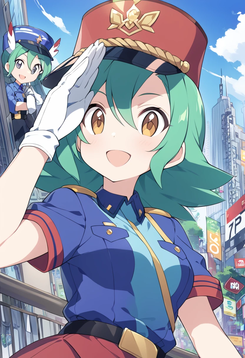 score_9, score_8_up, score_7_up, score_6_up, source_anime, BREAK 1girl pkmnJenny, green hair, blue hat, police uniform, blue shirt, short sleeves, belt, pencil skirt, white gloves, looking at viewer, happy, city, salute, blue sky, upper body