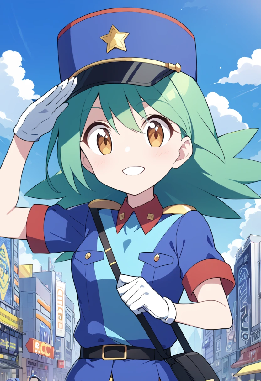 score_9, score_8_up, score_7_up, score_6_up, source_anime, BREAK 1girl pkmnJenny, green hair, blue hat, police uniform, blue shirt, short sleeves, belt, pencil skirt, white gloves, looking at viewer, happy, city, salute, blue sky, upper body