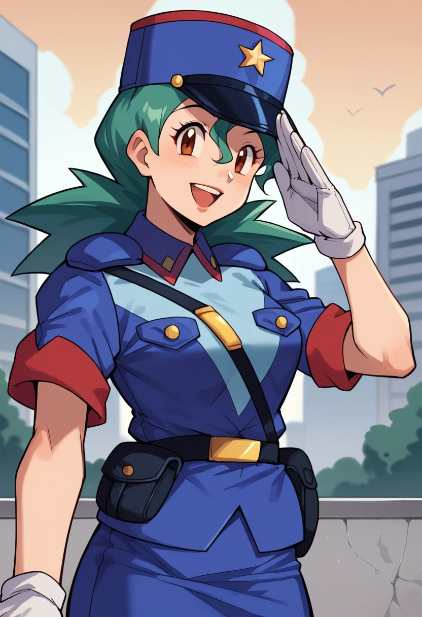 score_9, score_8_up, score_7_up, score_6_up, source_anime, BREAK 1girl pkmnJenny, green hair, blue hat, police uniform, blue shirt, short sleeves, belt, pencil skirt, white gloves, looking at viewer, happy, city, salute, blue sky, upper body