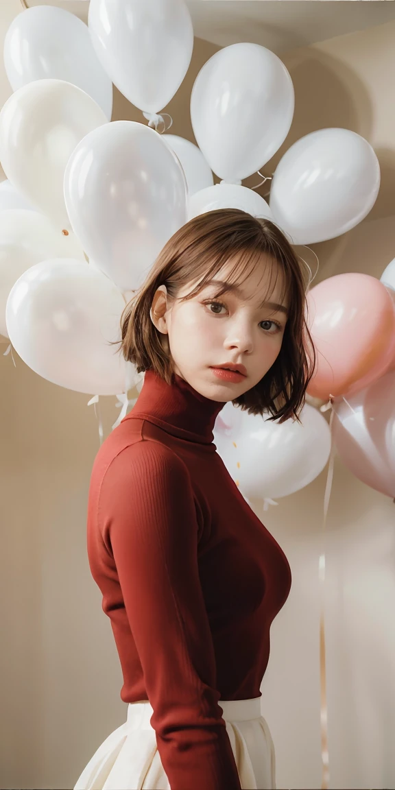 masterpiece, best quality, highly detailed background, perfect lightingbest quality,fashion portrait photo of beautiful young woman from the 60s wearing a red turtleneck standing in the middle of a ton of white balloons, taken on a hasselblad medium format camera