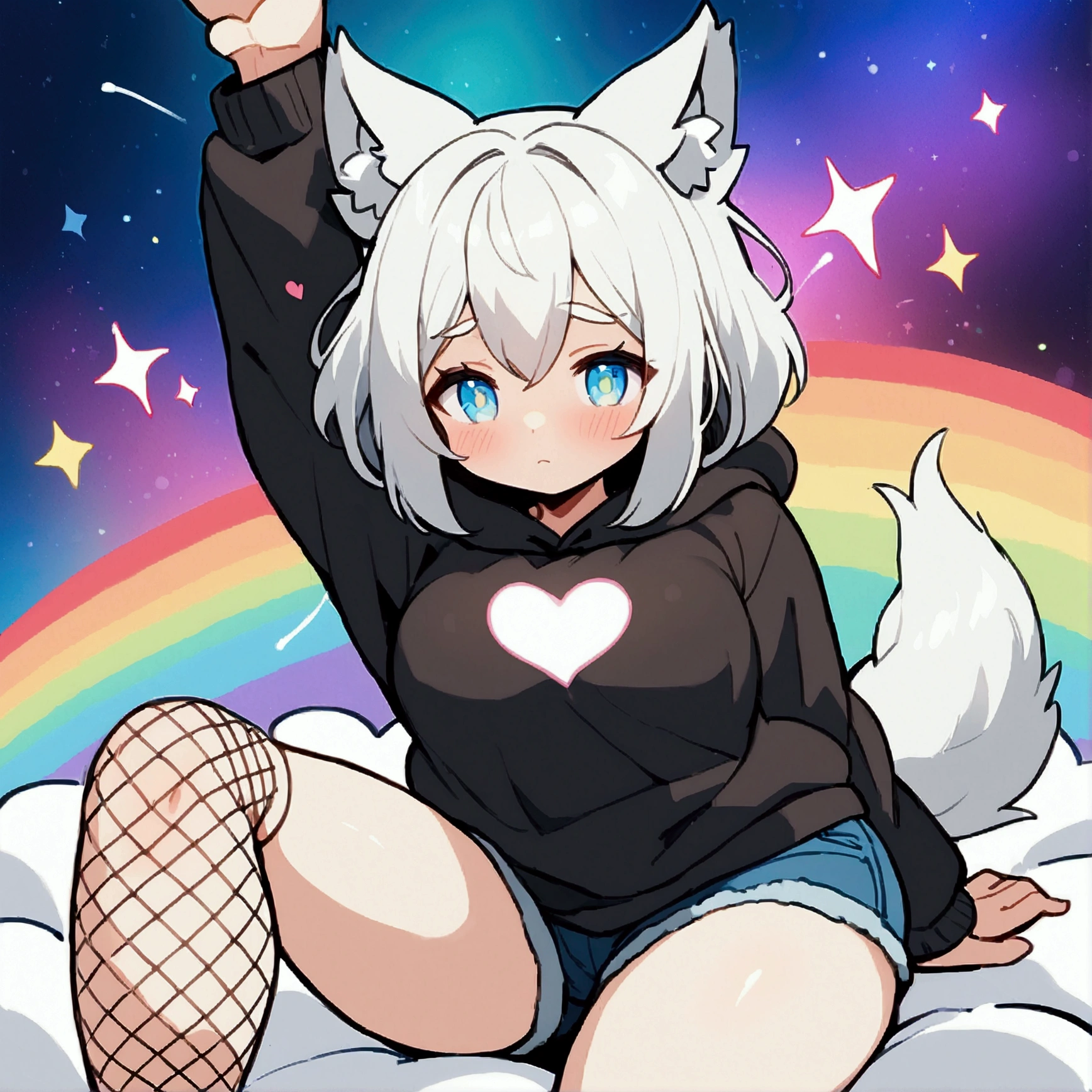 a cute adult male with wolf ears, long white hair, long locks, has a wolf tail, wearing a loose cropped black hoodie, wearing a pair of denim short shorts and fishnet stockings, thick thighs, wide hips, relaxing on mound of fluffy multi colored plushies, short, very slim, showing slender tummy, heart on hoodie, squishy thighs, has glowing blue eyes. alone, solo (ALONE)(SOLO), surrounded by rainbows, colorful galaxy backround, stretching, giggling