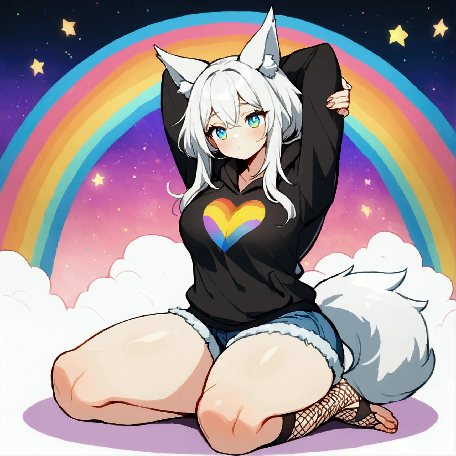 a cute adult male with wolf ears, long white hair, long locks, has a wolf tail, wearing a loose cropped black hoodie, wearing a ...