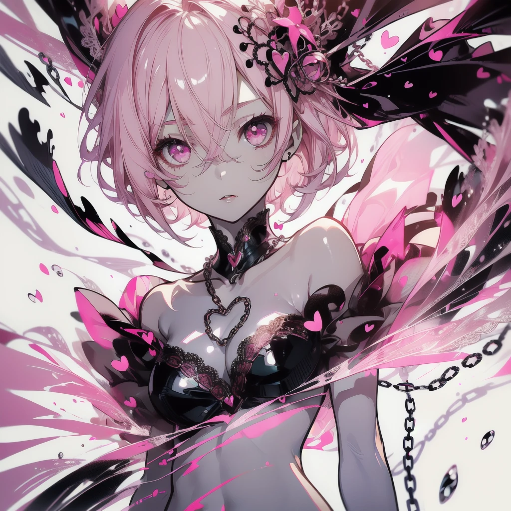 ((masterpiece, best quality)), Delicate face，Succubus，Standing picture，whole body，Perfect body proportions，Handsome short hair，Nice pink eyes，Fantasy style，White background，Extremely beautiful，transparent，Transparent_比基尼，chain，Tattoo，Lace，Heart-shaped decoration