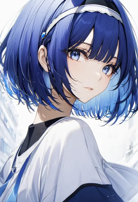 blue hair,blue eyes,short hair,jewelry hairband, short hair, bob cut