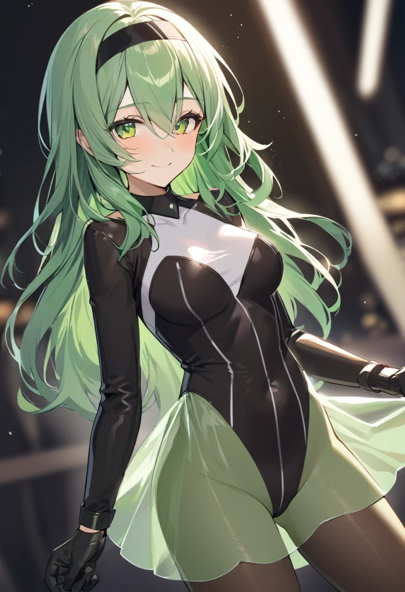 One girl, alone, Long Hair, chest, View your viewers, bangs, skirt, gloves, Long sleeve, ribbon, Hair between the eyes, Mouth closed, Green Eyes, hair ribbon, pantyhose, Cowboy Shot, hair band, , Green Hair, black gloves, see-through skirt, leotard, black leotard, brown pantyhose