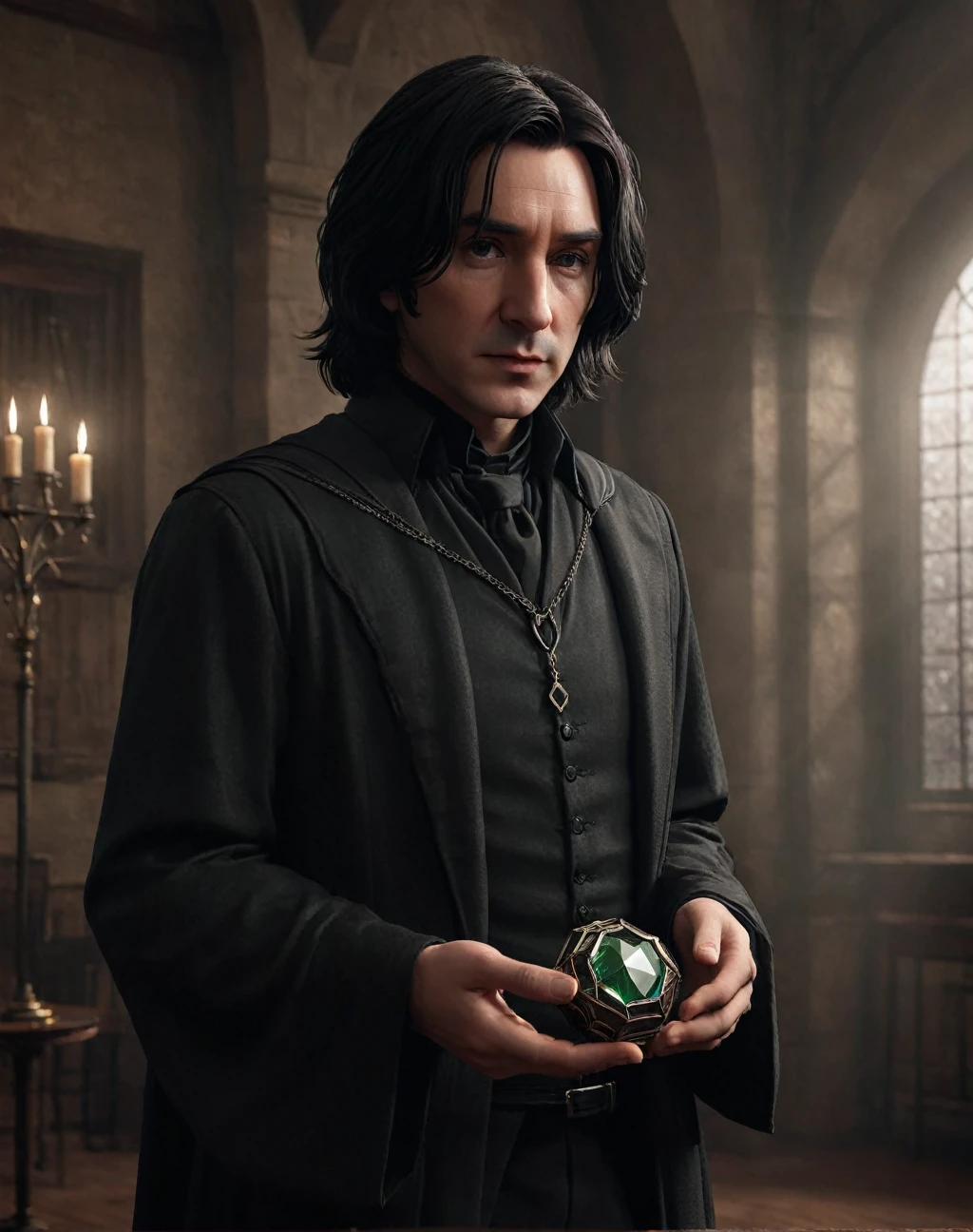 Ein junger Severus Snape, der das Horkrux-Diadem hält,octane render,sehr detailliert,fotorealistisch,unwirkliche Engine,3D,digitale Zeichnung,hyperdetailliert,Meisterwerk,Unglaublich realistisch,dramatische Beleuchtung,Chiaroscuro,stimmungsvolle Atmosphäre,tiefe Schatten,Filmkomposition,volumetrische Beleuchtung,ultra-realistisch,Fotografische Qualität,Erlesene Details,komplizierte Texturen,scharfer Fokus,preisgekrönt,extrem realistisch,einwandfreies Rendering,atemberaubende Optik,filmische Rahmung,dramatische pose,schöne Beleuchtung,Hohe Auflösung,Studiobeleuchtung,professionell gedreht