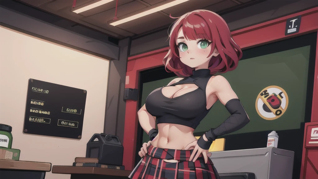 woman, curly red pixie cut hair, green eyes, wearing crop top black shirt, long black jacket, red plaid skirt, black fingerless gloves, exposed shoulders, large breasts freckles, cleavage, abs, looking at viewer, masterpiece, best quality, Holo-Punk Style