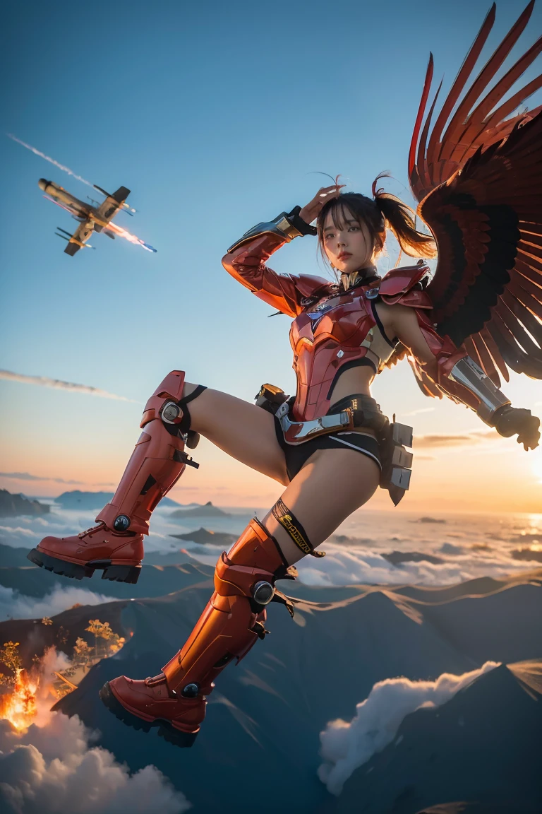 1girl, Absurd resolution, high resolution, (masterpiece: 1.4), hyper-detail, a mech, red armor with red wings, floating flight in the sky (1.8) background is wild, fire