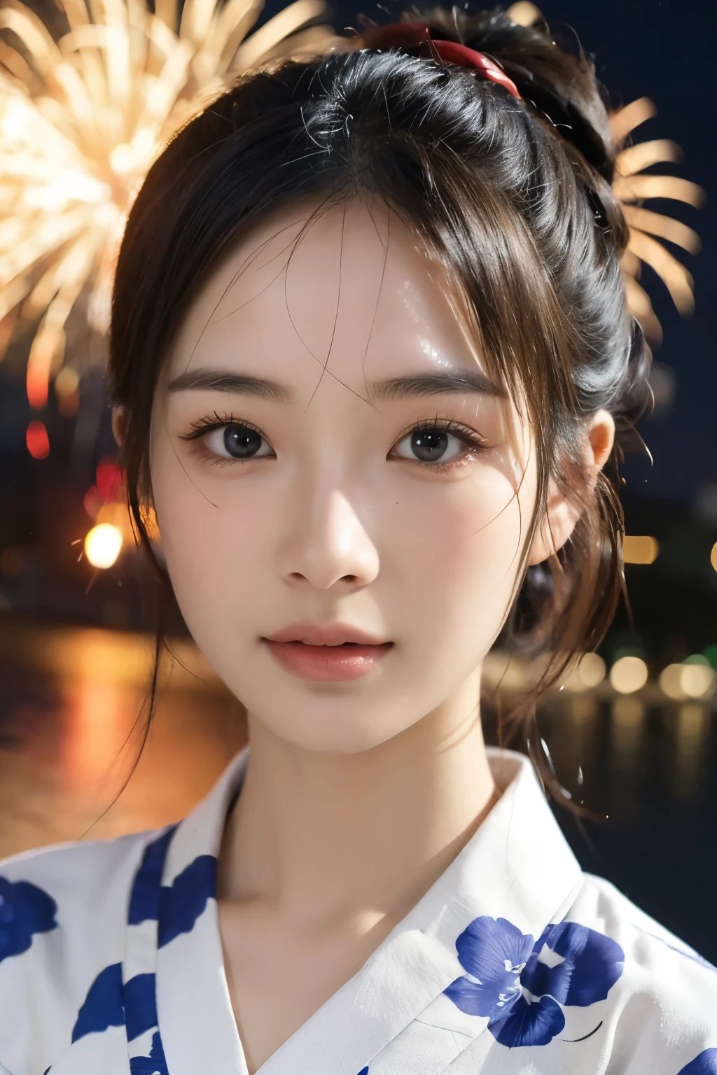 yukata,beautiful woman,masterpiece,skin like human,realistic face,fireworks display 