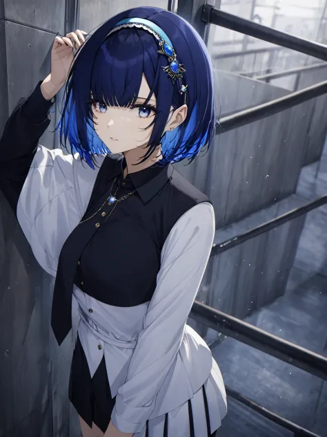 blue hair,blue eyes,short hair,jewelry hairband, short hair, bob cut