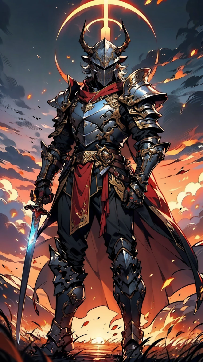 8K quality,(super masterpiece:1.3),Highest quality,Detailed Images,1 male,knight,pocket(Full Face,Two cow horns),armor(Silver Full Armor,Golden decoration),(Wear a red cloak,Red Cape),sword(燃えるsword,Hold the handle with your right hand),(background:Burning image,sunset,幻想的なsunset,The End,The end of the world,grassland,Takayama,Halo effects),(Whole body image,Standing with your legs apart),(Face directly towards the camera,Looking directly at the viewer,looking at the camera,The body faces the viewer,The body is facing the direction of the camera,Face looking straight into the camera).