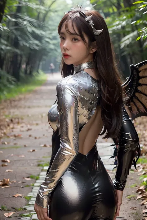 (masterpiece), (highest quality), (detailed), light layer, shiny skin, (intricate detailed , tight clothes, , demon wings growin...